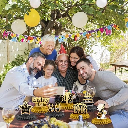 80th Birthday Decorations Set, 1946 Table Toppers for Women Men Birthday Party Supplies, Happy 80 Year Old Table Decoration for Grandpa Grandma, 9Pcs Black & Gold Honeycomb Centerpieces — view 5