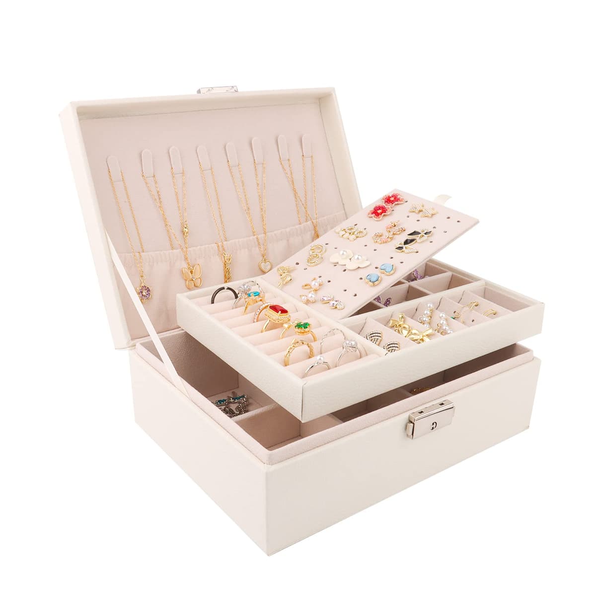 talifoca Joyeros Mujer, 2 capas Caja Joyero organizador de Joyas de Cuero PU, Organizador Joyas para Pendientes, Anillos, Aretes, Pulseras y Collares