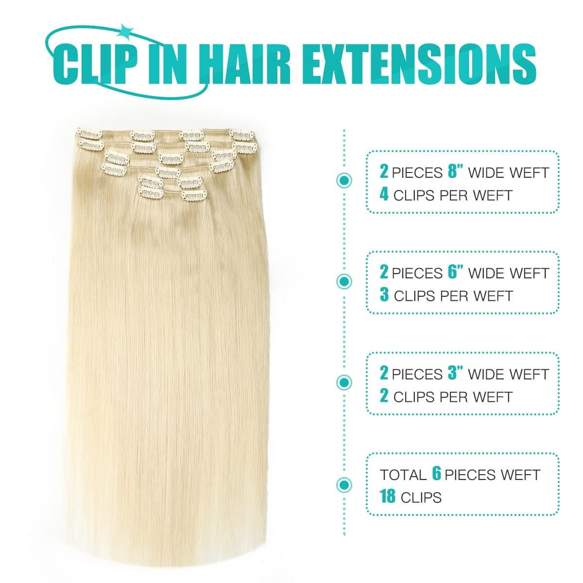 SURNEL Extensiones Clip Pelo Natural 100g 40cm 6 Piezas Rubio Platino Claro Extensiones De Clip De Humano Real Extensiones Pelo Remy Natural (C#60-40cm) — view 3