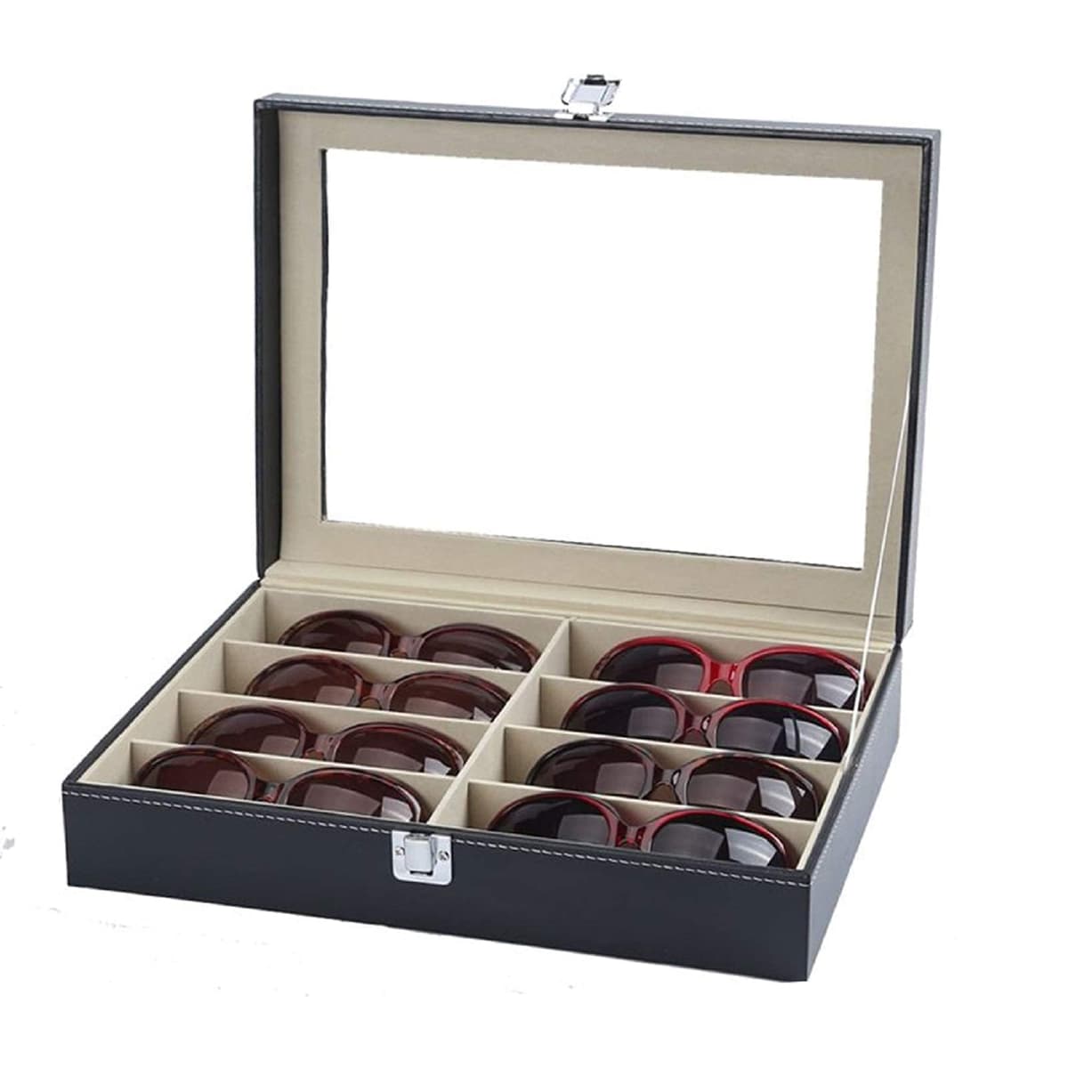KingSaid Caja Organizadora de Gafas con Tapa de Cristal y Cajones – Estuche Expositor de Gafas de Sol y Joyas, Cuero Sintético Premium, Gran Capacidad, para Hombre y Mujer (Una planta)