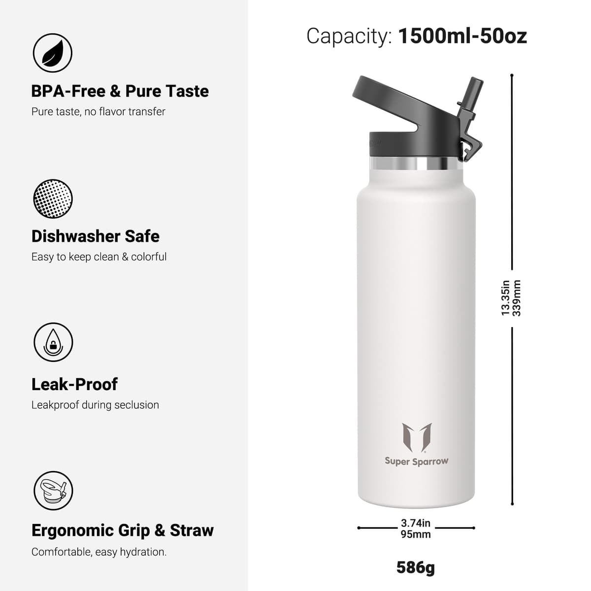 Super Sparrow Botella de Agua Acero Inoxidable - Botella Termica Boca Ancha con Paja 1.5L - Sin BPA, para Gimnasio, Deporte, Oficina, Yoga, Ciclismo — view 3