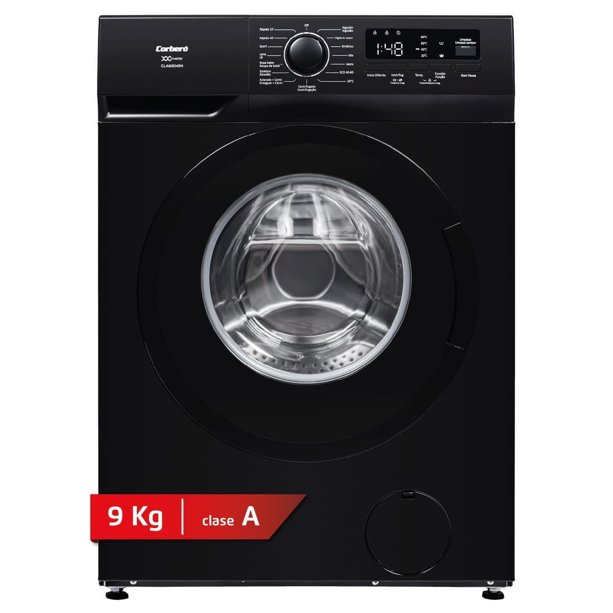 Corberó - Lavadora Premium 9kg | CLAM9046N | 1350 rpm | Motor Inverter | Función Vapor| Función Eco | Incio Diferido | Lavado Rápido 15 min | Display Touch | Negro