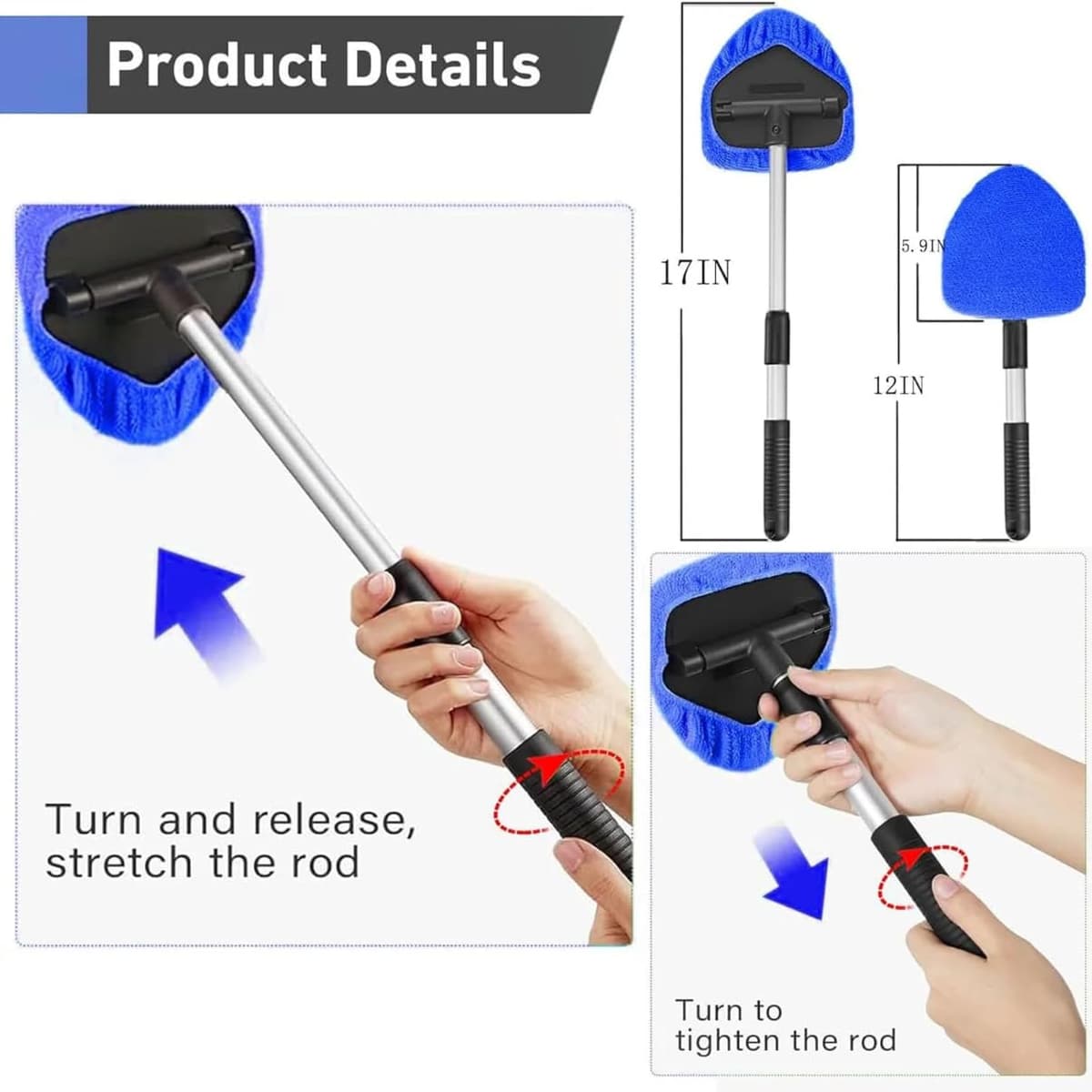 Car Windscreen Cleaner Tool, Telescopic Handle Car Cleaning Kit with 4 Reusable Microfiber Pads, Auto Windshield Cleaner for Interior Exterior Glass — view 2