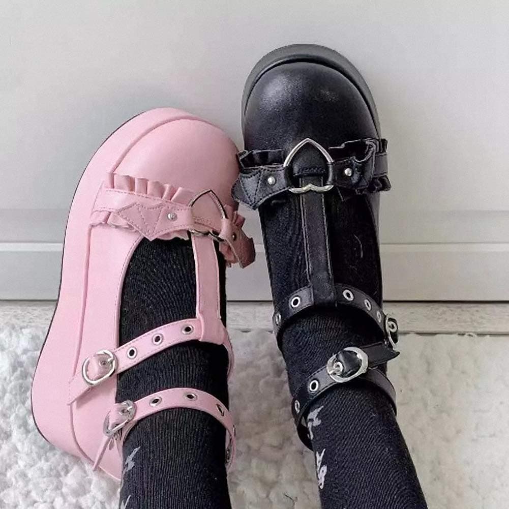 Womens Platform Mary Janes Shoes Sweet Toe Ankle Lolita Gothic Pumps Chunky Patent Leather — view 3