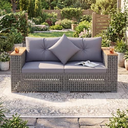 Tangkula 62.5" Large Patio Wicker Loveseat with Acacia Wood Armrests & Cup Holders, Outdoor 2-Piece Rattan Corner Sofa with Cushions, Sectional Conversation Set for Garden Backyard Porch Balcony, Grey — view 3