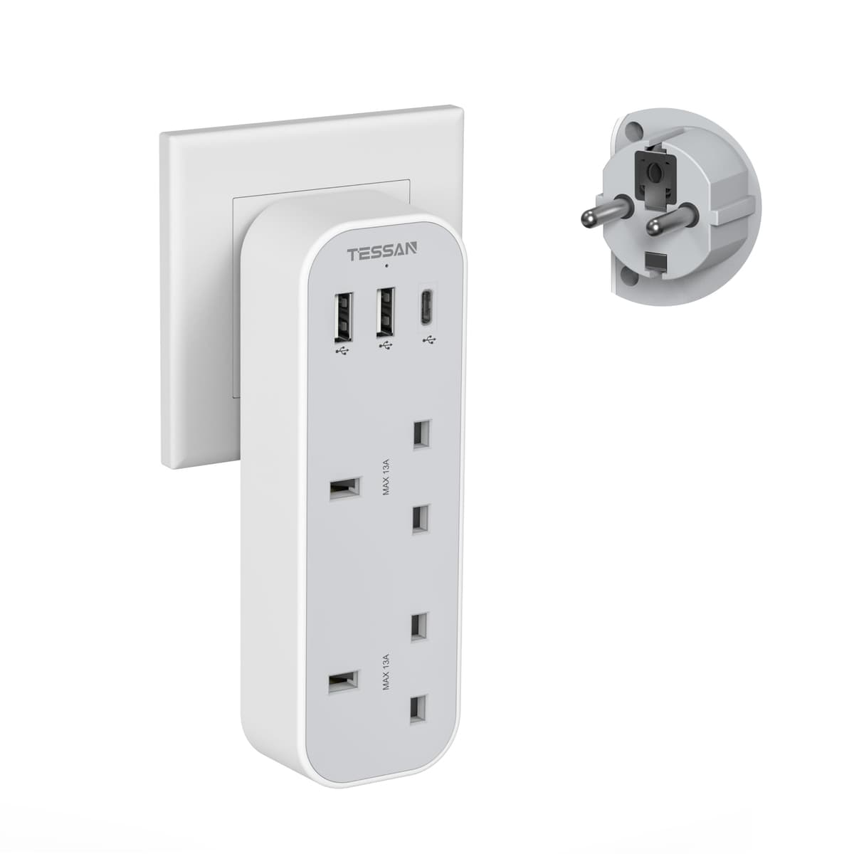 UK to Switzerland Plug Adapter, TESSAN Swiss Plug Adapter with 3 USB Ports (1 USB C), 2 Way Grounded Type J Travel Adaptor for Jordan, Liechtenstein, Madagascar, Rwanda — view 11