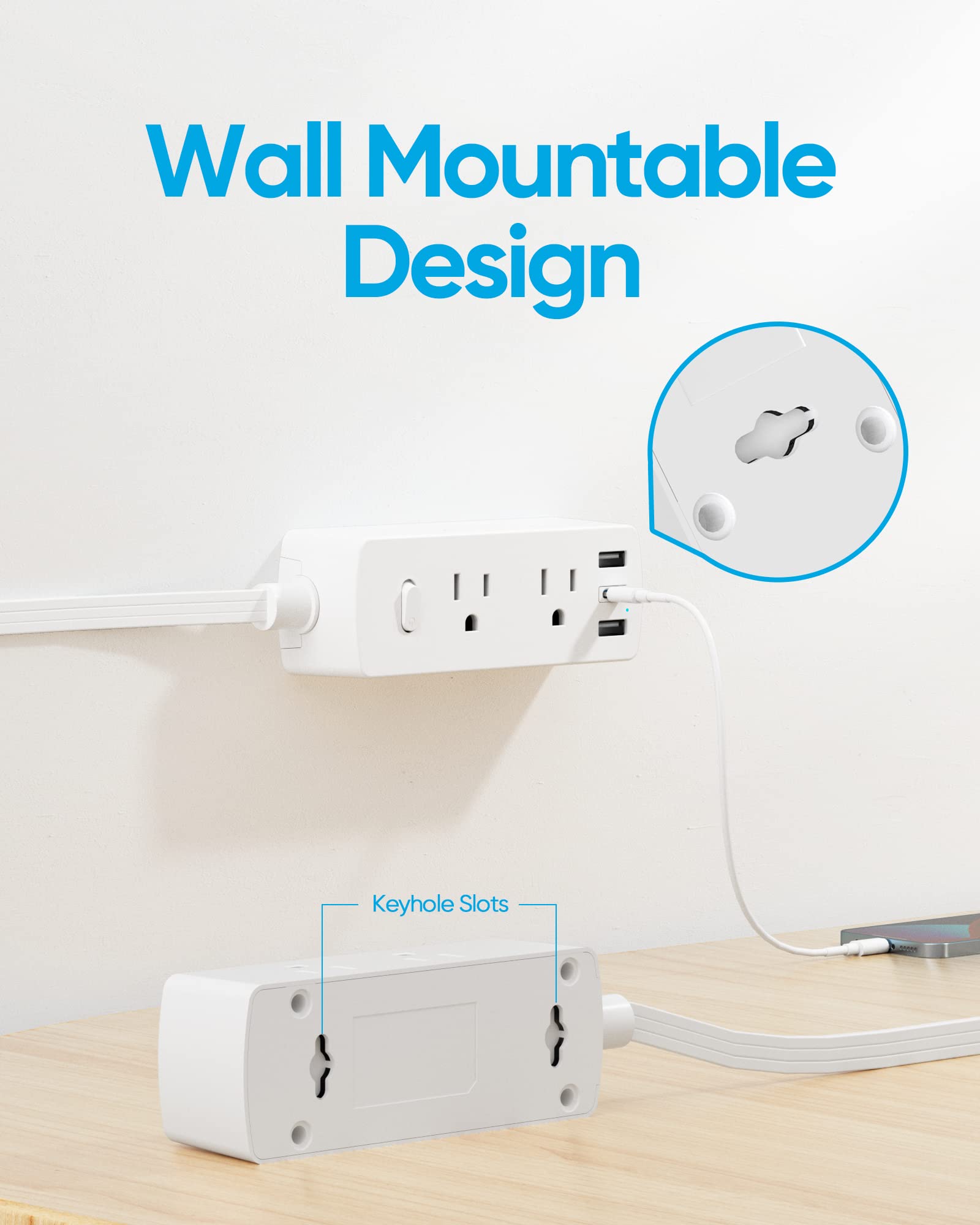 Short Extension Cord 1ft - Olcorife Flat Plug Power Strip with 6 Outlets 3 USB Ports(1 USB C), Small Outlet Extender for Travel Dorm Room Essentials, White — view 6