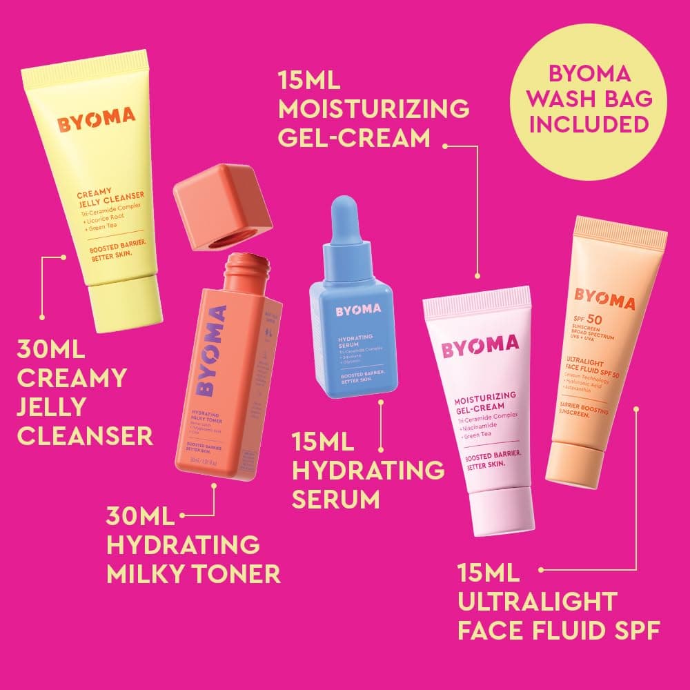 BYOMA Universal Skincare Heroes (5-Piece Kit) - Skincare Gift Set with Jelly Cleanser, Milky Toner, Hydrating Serum, Gel Cream & SPF 50 - Skin Barrier Repair Gift Set with Makeup Bag — view 2