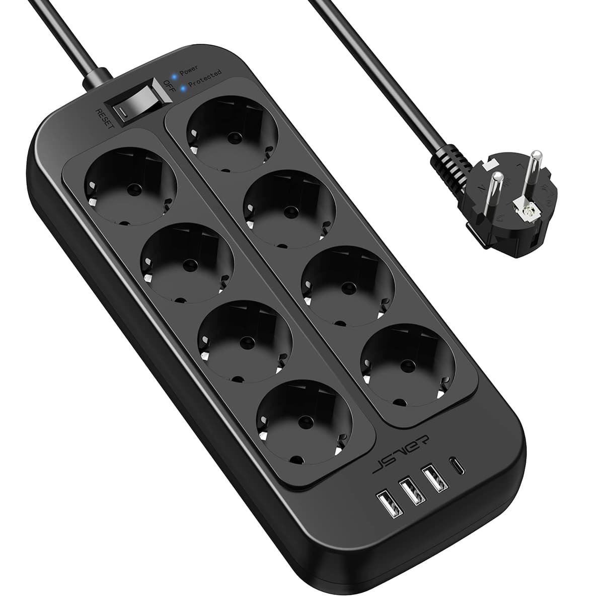 JSVER Regleta Enchufes USB, Proteccion Sobretension con 8 Toma de Corriente y 4 Puertos(5V3,4A) Estación de Carga Inteligente Tomas Alargadora con Cable 1.8m-Negro