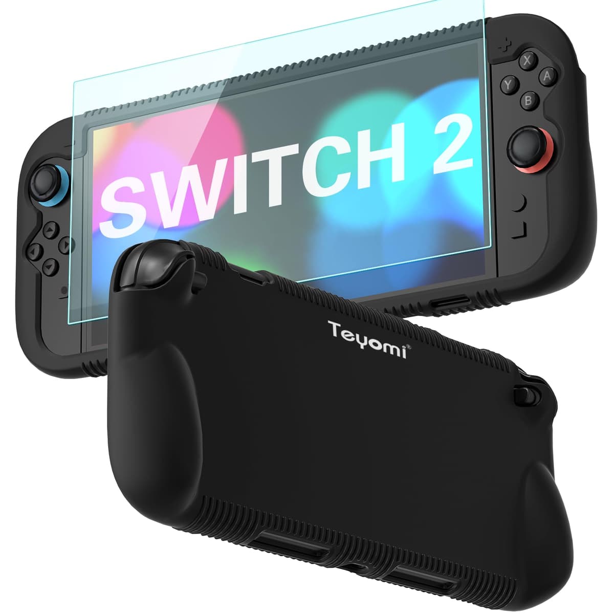 Teyomi Funda protectora de silicona compatible con Nintendo Switch 2, Carcasa para Nintendo Switch 2 con protector de pantalla de vidrio templado, Estuche con agarre ergonómico (Negro)