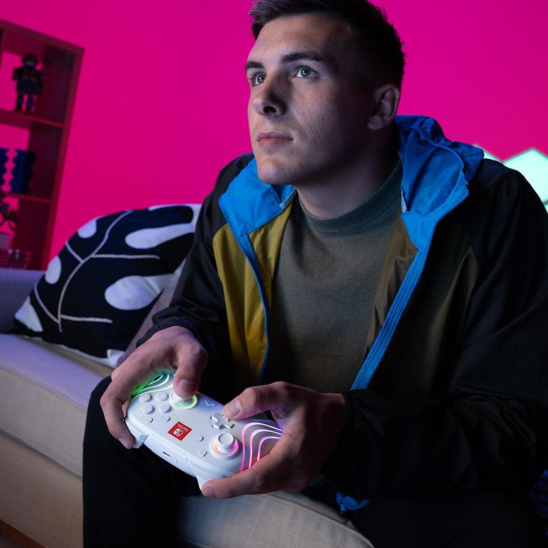 PDP Afterglow Wave Wireless Pro Controller with Full Motion for Nintendo Switch, Nintendo Switch - OLED Model, 8 RGB LED Lighting Zones, 30 Foot Range, 20 Hour Rechargeable Battery White — view 9