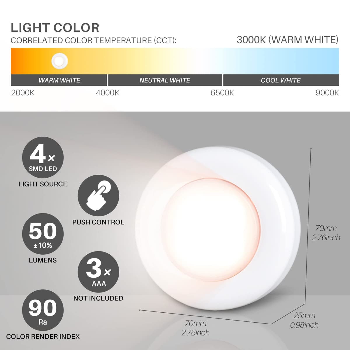 STAR-SPANGLED Tap Light Push Lights, Stick on LED Touch Puck Light AAA Battery Operated, Press Spot Lighting Indoor for Under Cupboard, Wardrobe, Cabinet, Closet, Kitchen (2.8inch, Warm White, 5 Pack) — view 4