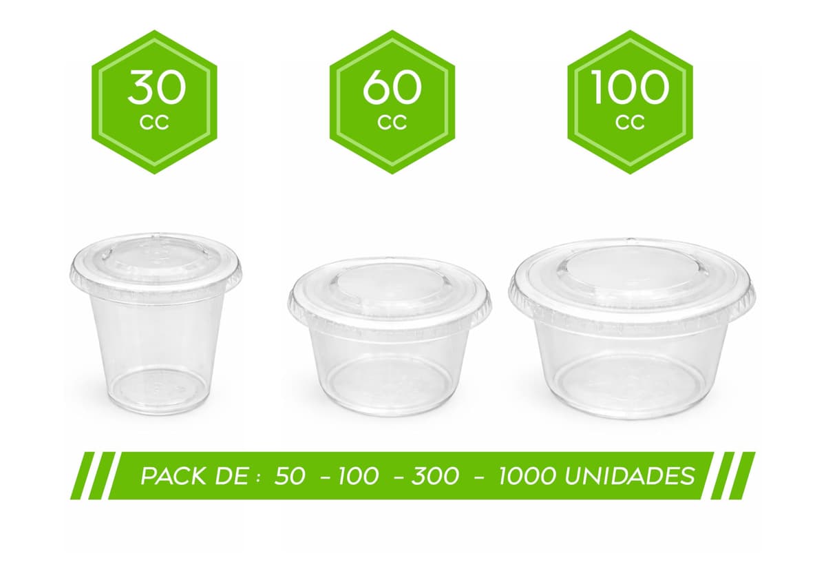 Salseros Plástico PET Transparente con Tapa – Mini Tapers de plástico 30ml 60ml 100ml – Envases Salsa Individuales Pack 100 300 1000 – Take Away Hostelería (50, Transparente, 60 cc) — view 2