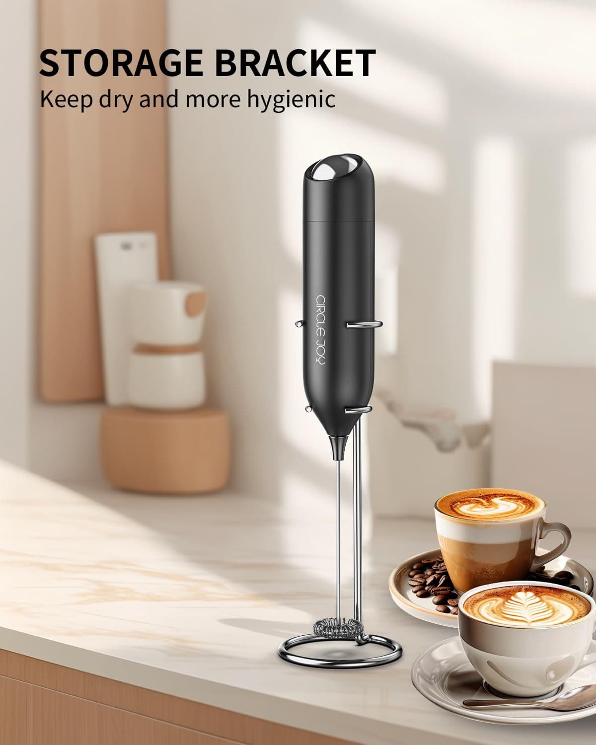 CIRCLE JOY Montalatte a Mano con Supporto, Frullino Montalatte Elettrico, a Batteria Mini Schiumatore per Latte, Cappuccino, Matcha, Regalo da Cucina, Nero — view 3