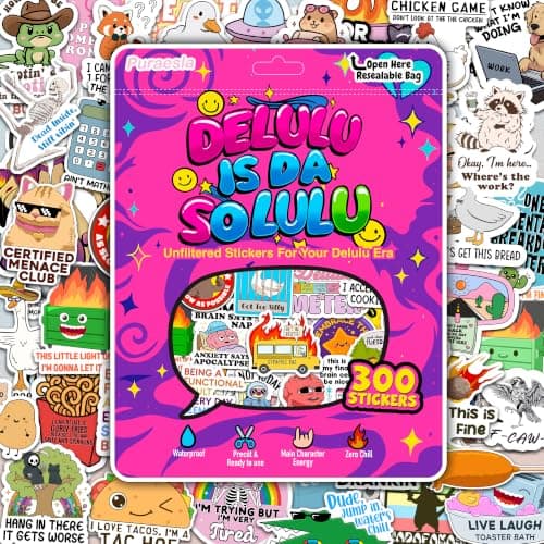 300PCS Funny Stickers for Adults - Delulu is Da Solulu Sticker Pack By Puraesla - Sarcastic Meme Decals for Best Friends, Co-Workers Waterproof Vinyl for Laptop, Water Bottle, Journal, Scrapbooking