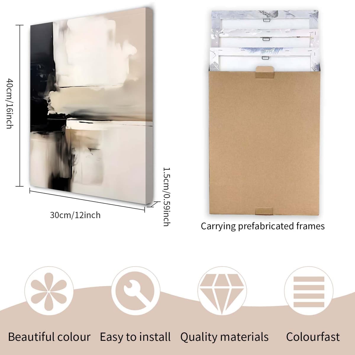 Qiukoo Set of 3 Modern Canvas Wall Art Framed Abstract Prints Waterproof Fabric with Hooks Wall Decoration Artwork Prints for Living Room Bedroom Pictures 12x16 Inch — view 2