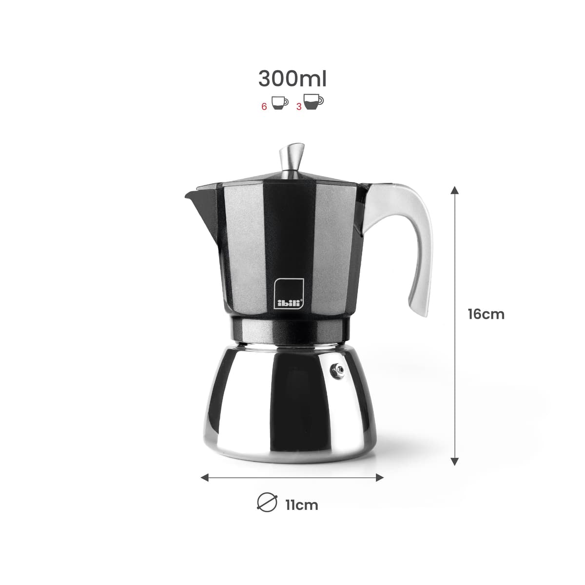 IBILI - Cafetera express Elba Black, 6 tazas, 300 ml, Aluminio fundido, Base de Acero Inoxidable, Apto para inducción — view 2