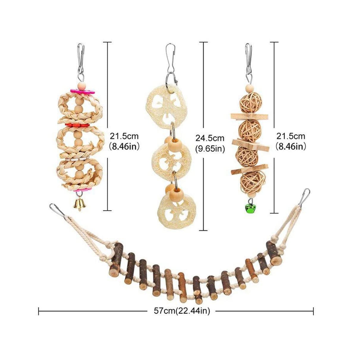 Allazone 14 Pz Juguetes para Pájaros, Escalera de Madera, Pájaros Juguetes con Campanas Que Cuelga la Perca Juguete para Pequeños y Medianos Loros de Aves — view 2