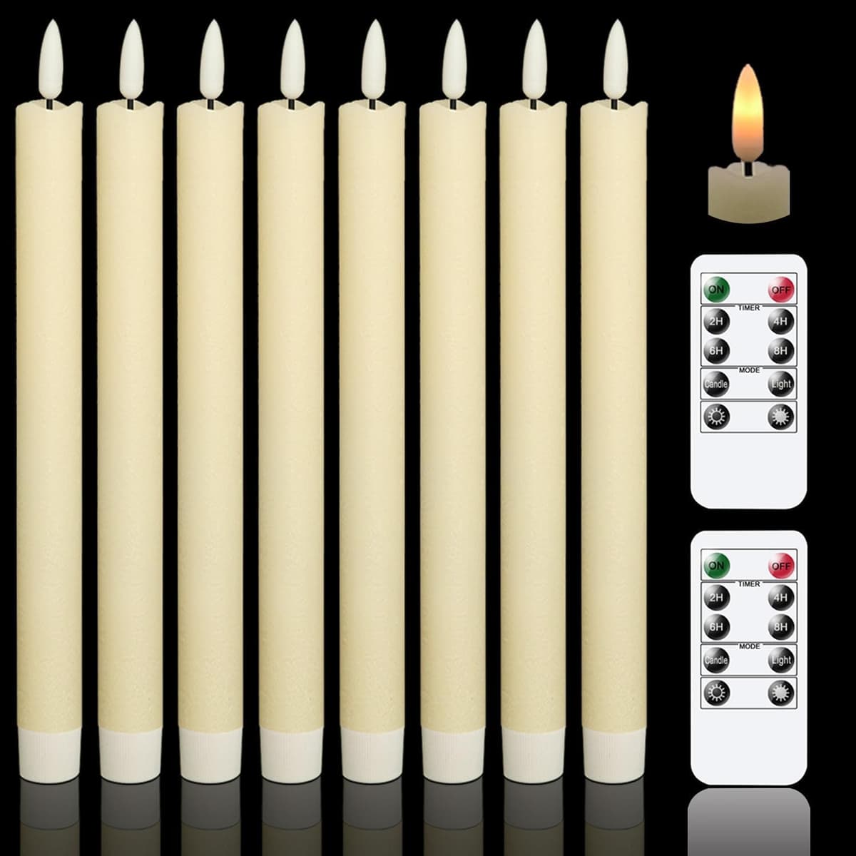 Eldnacele Flameless Flickering Taper Candles with 2 Remote Controls and Timer, Real Wax 3D Wick Light Window Candles Battery Operated Pack of 8, Christmas Home Wedding Decor (Ivory, 0.78 X 9.64 Inch)