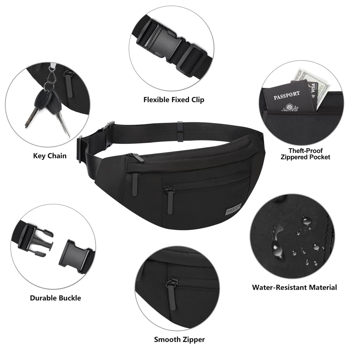MAXTOP Black Bumbag Waist Fanny Pack for Men Women Bum Bag with 4-Zipper Pockets Travel Essentials for Outdoors Workout Hiking Running Cycling — view 4