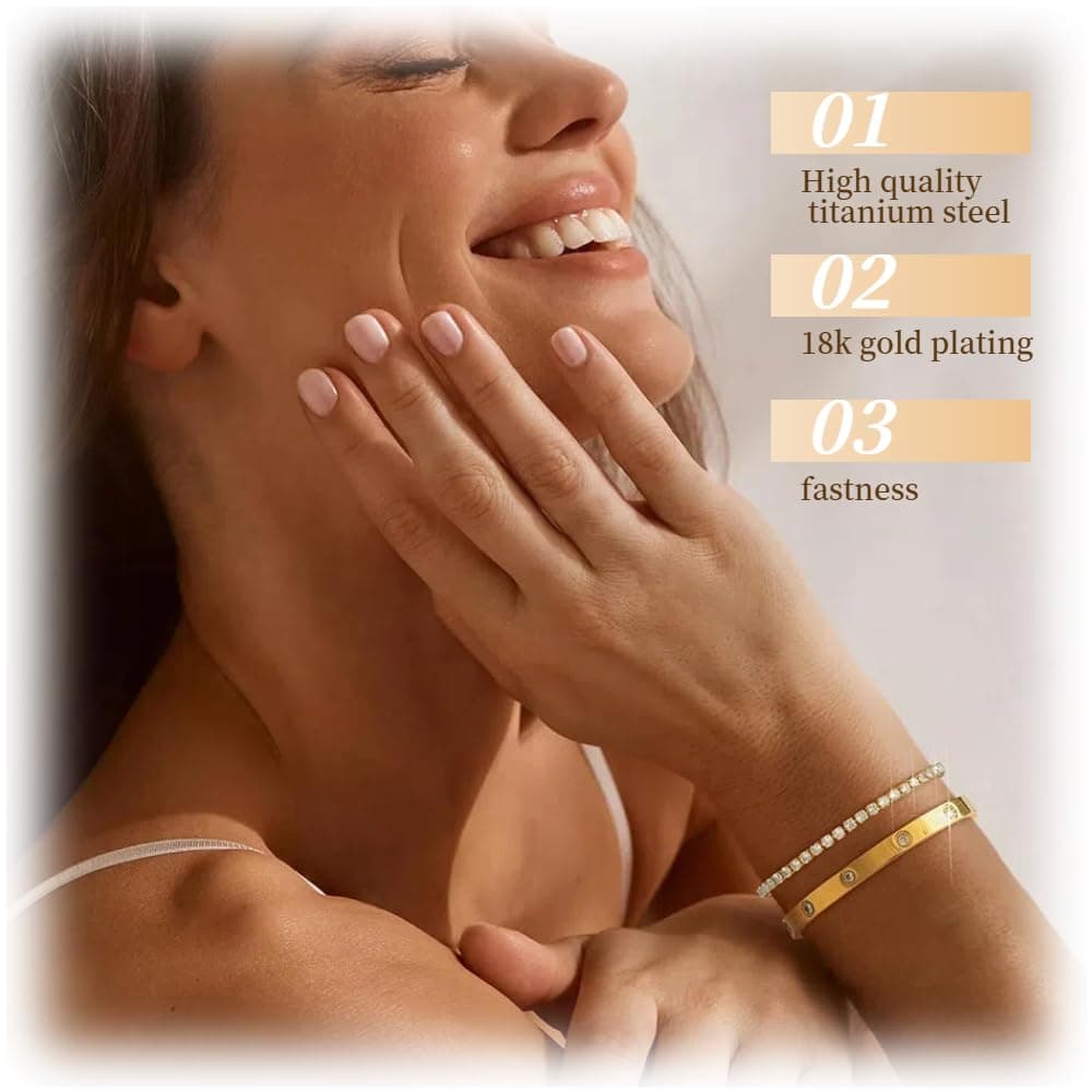 NEKVFO 18K Gold Plated Love Bracelet Set, Zircon Adjustable Bracelet Horseshoe Buckle Cable Bracelet, 3-Piece Women's Stackable Gold Bracelet Jewelry Set — view 2