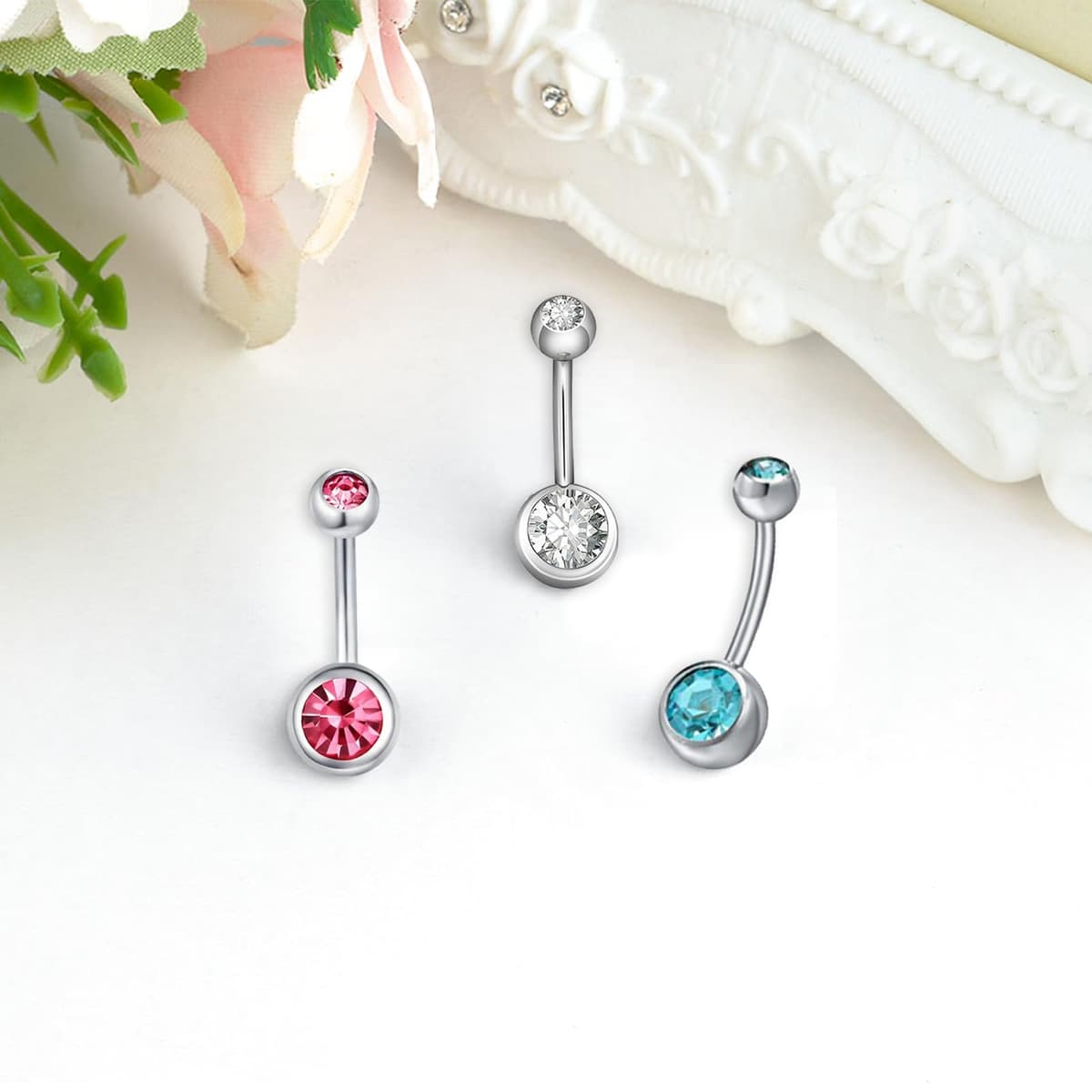 Aucuu 3/4/5/12/20PCS Piercing Ombligo, 14G de Acero Inoxidable, Forma de Barra Curvada y Circonita CZ Cúbica Perla Ombligo Joyería para Mujeres Hombres — view 7