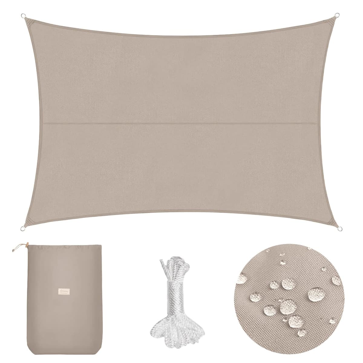 Sekey Toldo Vela de Sombra Impermeable 2x3m Rectangular Protección Rayos UV, Resistente al Desgarro, para Terraza Balcon Patio Exteriores Jardín, con Ojales y Cuerdas de Fijación, Gris Pardo — view 7
