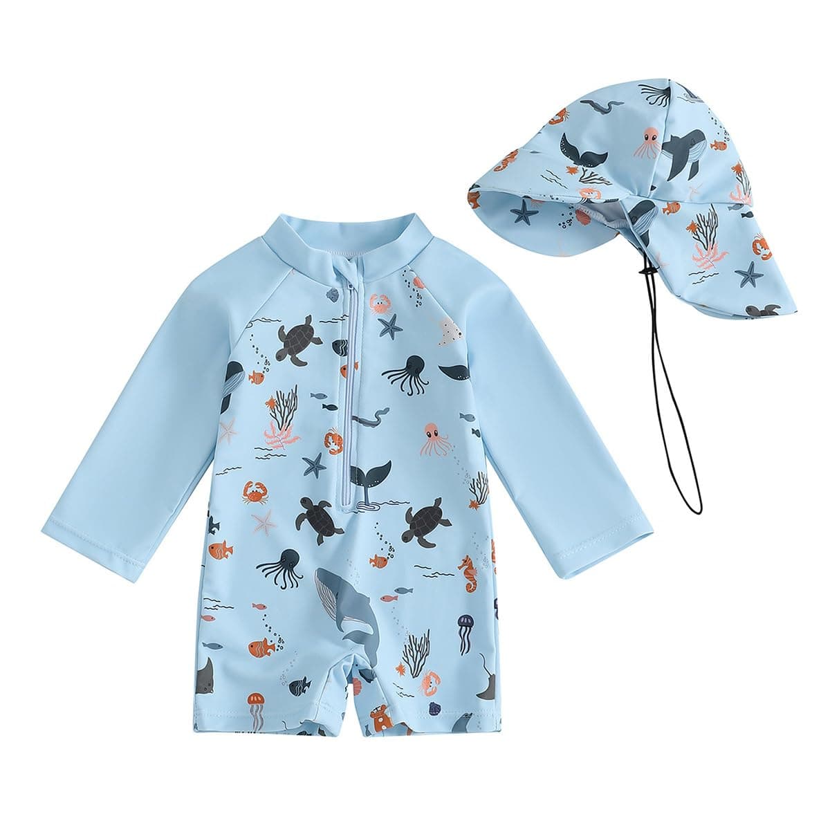 JENJON Traje de Baño de Una Pieza de Manga Larga para Bebé Niños Estampado con Cremallera Piscina Rashguard con Sombrero 2Pcs Infantil Ropa de Playa 6M-3 Años — view 9