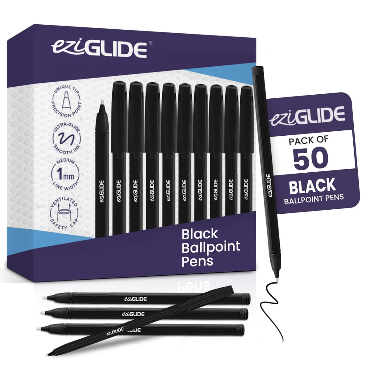 Eziglide Ballpoint Pens Black Ink 50-Pack – Black Biro Pens Multipack with Medium Point (1.0mm) for Effortless, Smooth Handwriting & Consistent Flow – Black Pens for School, Home, Office Supplies