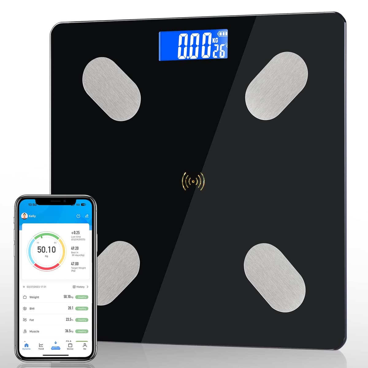 Diboniur Precision Smart Digital Bathroom Scale, Body Weight Scale for IOS and Android, Scales with 12 Indicators – Weight, Body Fat, Muscle (Black)