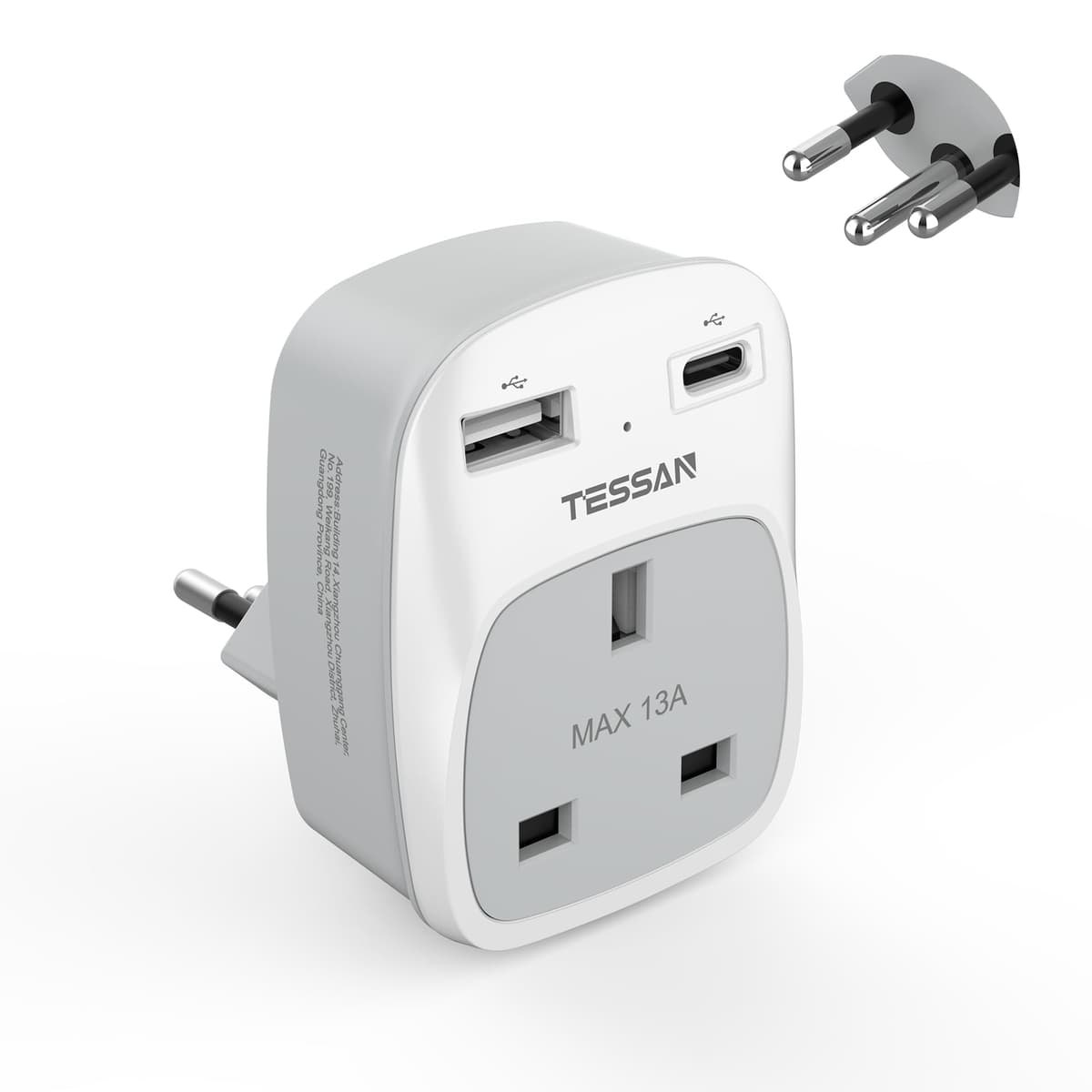 UK to Italy Plug Adapter, TESSAN Grounded Italy Plug Adapter with 2 USB Ports (1 USB C), Italian Travel Adaptor for Chile Ethiopia Libya Syria Tunisia Uruguay (Type L) — view 8