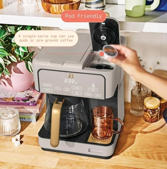 Beauti Multi Brew 12 Cup Programmable Drip & Single Serve Coffee Maker, Versatile Brewing (6oz, 8oz, 10oz, 12oz, 14oz), Pods or Ground, Over Ice option, Keep Warm mode (Porcini) — view 4