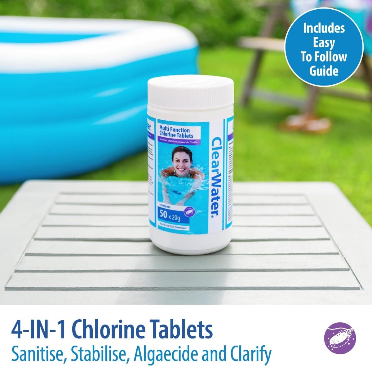 Clearwater 1 kg Multifunction Chlorine Tablets, 4-in-1 Dispenser Tablets (Sanitiser, Stabiliser, Algaecide and Clarifier) for Pools and Hot Tubs, 50 x 20 g, White — view 4