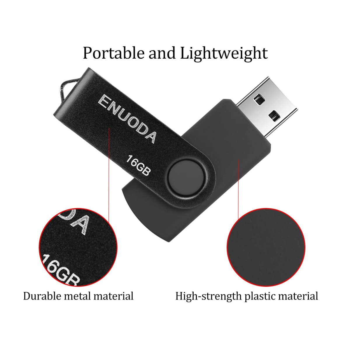ENUODA 16GB USB Stick 1 Pack Memory Stick USB 2.0 Flash Drives Swivel Design Pen Drive for Data Storage Thumb Drive with LED Light (Black) — view 2