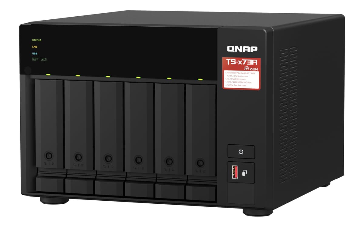 QNAP TS-x73A-8G + QSW-1105-5T bundle: AMD Ryzen 2.2 GHz quad-core 2.5GbE NAS with M.2 NVMe SSD support and PCIe expansion for 10GbE, paired with a 2.5G switch (TS-673A-SW5T) — view 4