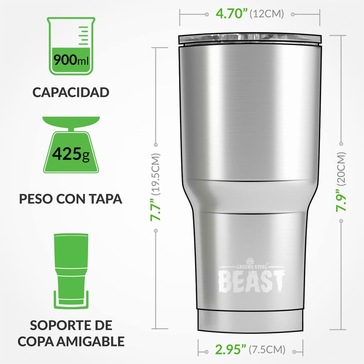Greens Steel Beast Tumbler – 900 ml (30 oz), Negro Mate | Vaso de acero inoxidable reutilizable con aislamiento al vacío | con 2 pajitas y cepillo de limpieza | Termo de viaje de doble pared — view 5