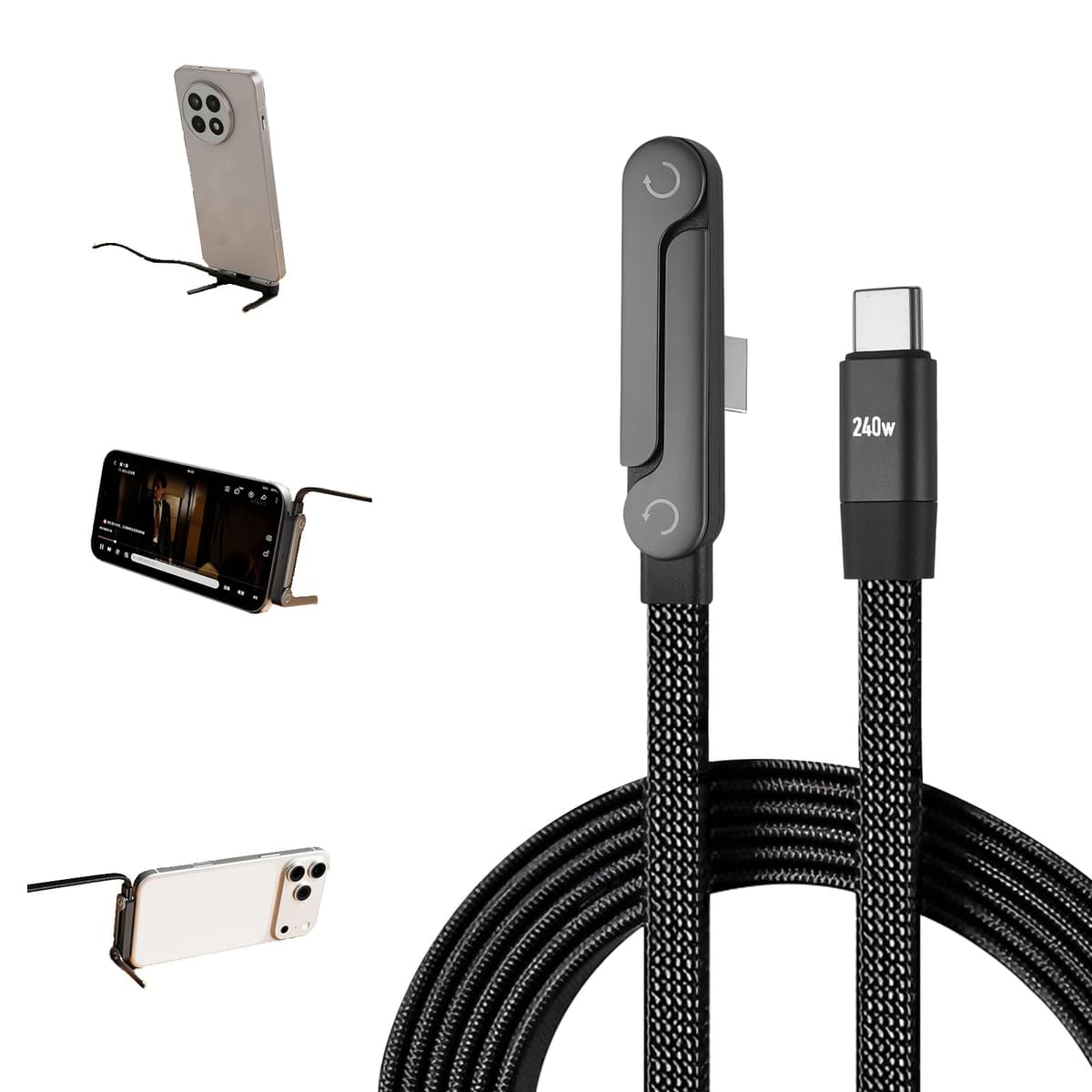 Noaya 2-in-1 Invisible Stand Charging Cable - 240W Fast Charging Cable, 4.9FT Multi Charger Cord with Type C, T-Shaped Foldable Stand for Smartphones,Tablets,Laptops(1PCS) Office Product 2512-02