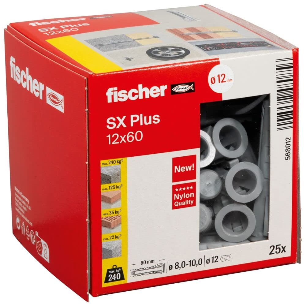 fischer 568012 - Taco de expansión SX Plus 12x60 mm, caja con 25 anclajes de nylon, anclajes para una sujeción óptima al fijar en hormigón, ladrillo macizo, ladrillo (Caja 25 unidades)
