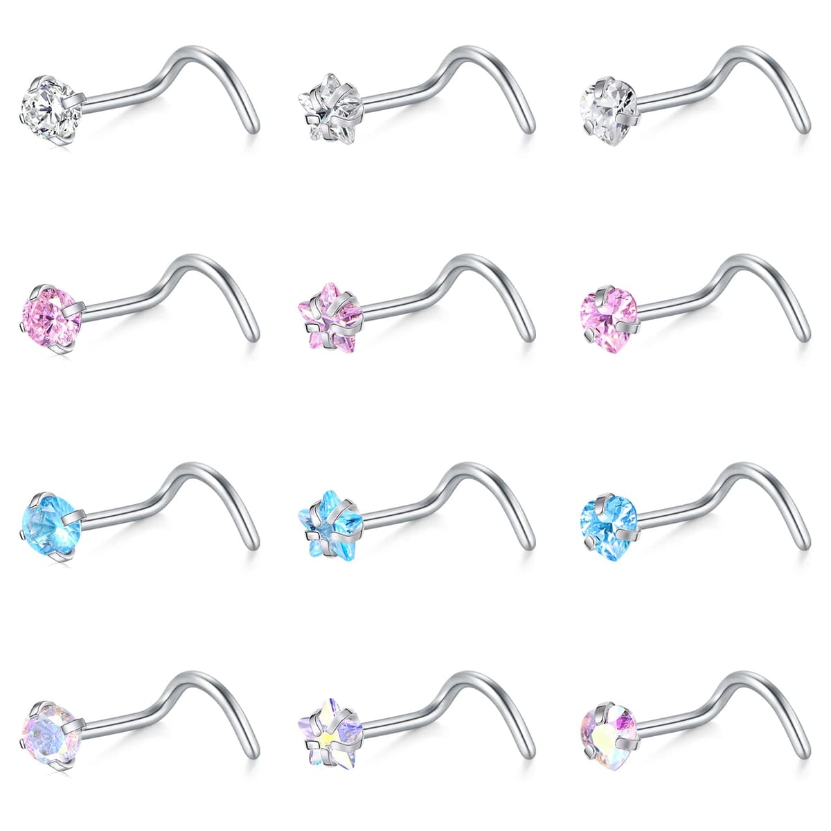 WillTen 20G Nose Studs L Shape Women Nose Studs Colorful Diamond CZ Silver Stainless Steel Heart Start Piercing Jewelry — view 10