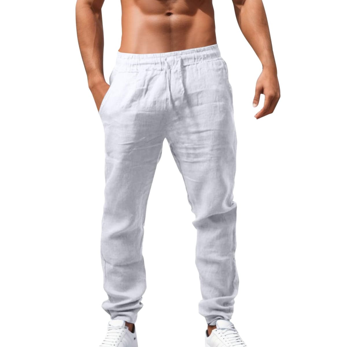 Men's Linen Pants Elastic Drawstring Pants Cotton Linen Breathable Solid Color Pants Casual Summer Pants Soft and Comfortable Men's Fitness Gym — view 5