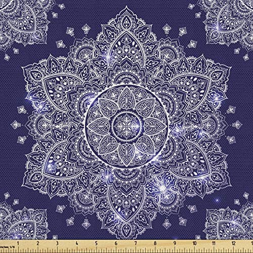 Ambesonne Ethnic Fabric by The Yard, Floral Ornament Round Mandala Paisley Inspired Retro Style, Decorative Fabric for Upholstery and Home Accents, 3 Yards, Blue Indigo