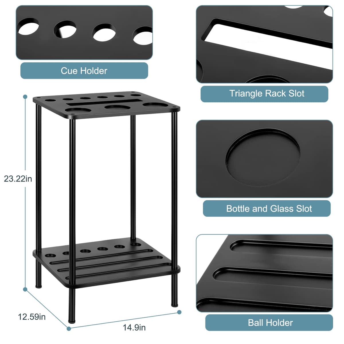 smusei Soporte para palos de piscina, soporte para tacos de piscina, soporte para palos de billar, accesorios para mesa de billar, sala de juegos, club, capacidad para 6 tacos, color negro — view 2