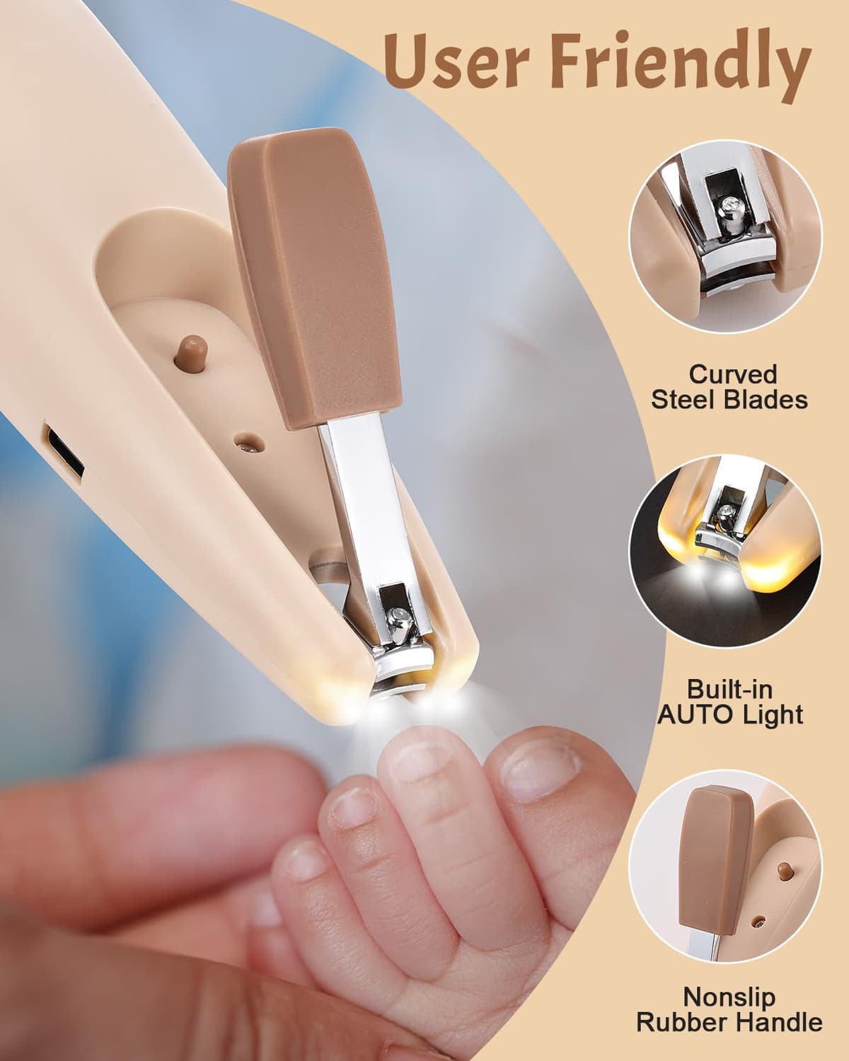 Lictin Set para Cuidado del Bebé-26 en 1 recargable cortaúñas eléctrico para bebé set, Lima de uñas para bebés con iluminación automática, Portátil Kit de Aseo para Bebés, ¡gran idea de regalo(Caqui) — view 4