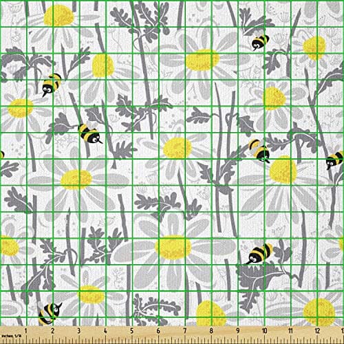 Ambesonne Grey Fabric by The Yard, Daisy Flowers Bees in Spring Time Honey Petals Floret Nature Purity Blooming, Stretch Knit Fabric for Clothing Sewing and Arts Crafts, 1 Yard, White Yellow