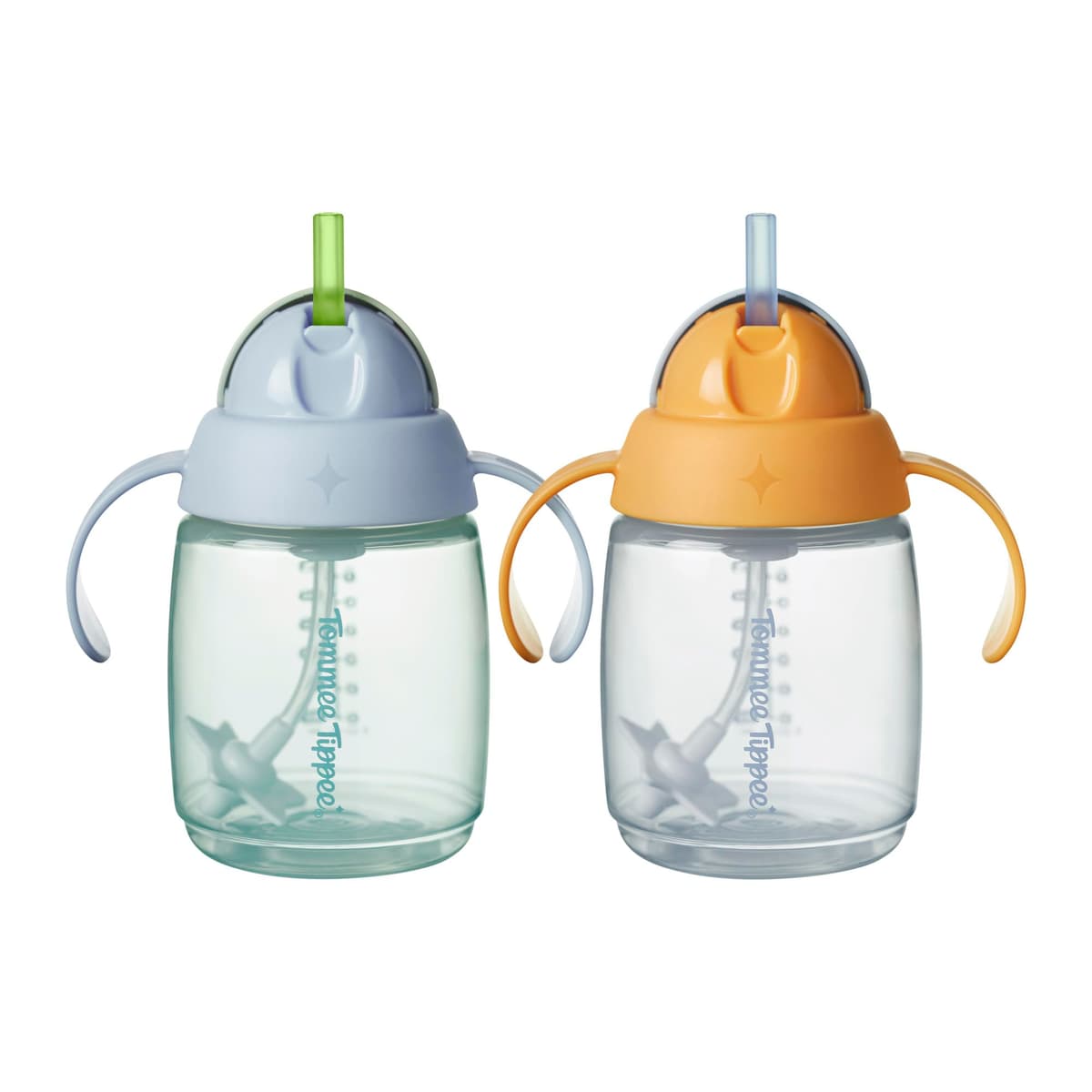 Tommee Tippee Trainer Straw Cup, 240ml, Easy Transition Toddler Cup for 6 Months+, with Silicone Weighted Straw and Easy-Hold Handles, Blue and Orange, 2 Pack