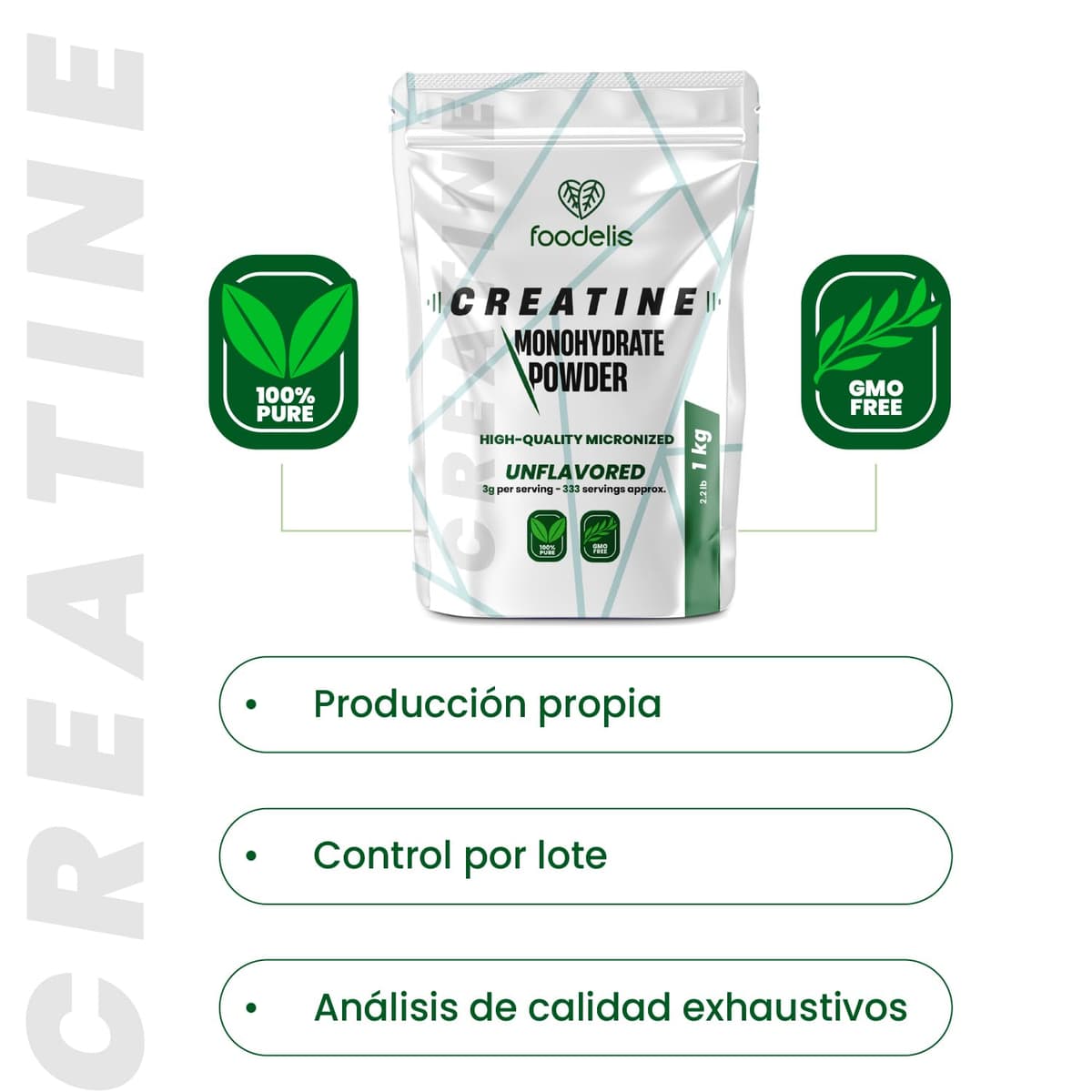 Foodelis Creatina Monohidratada en Polvo 1 kg / 333 Dosis - 100% Creatina Monohidrato Micronizada - Sin Sabor - Pura y Sin Aditivos - No-GMO - Alta Solubilidad - Incluye Dosificador — view 7