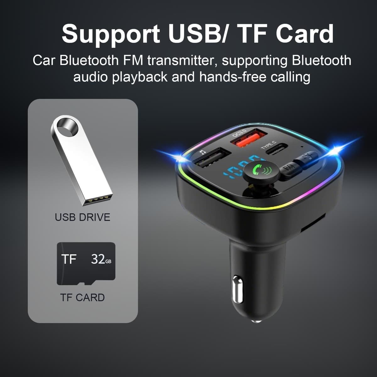 Bluetooth Car Adapter FM Transmitter PD 30W Fast Charging, QC3.0 USB C Cigarette Lighter Adapter with LED Display, Wireless Music and Hands Free Calling Use — view 3