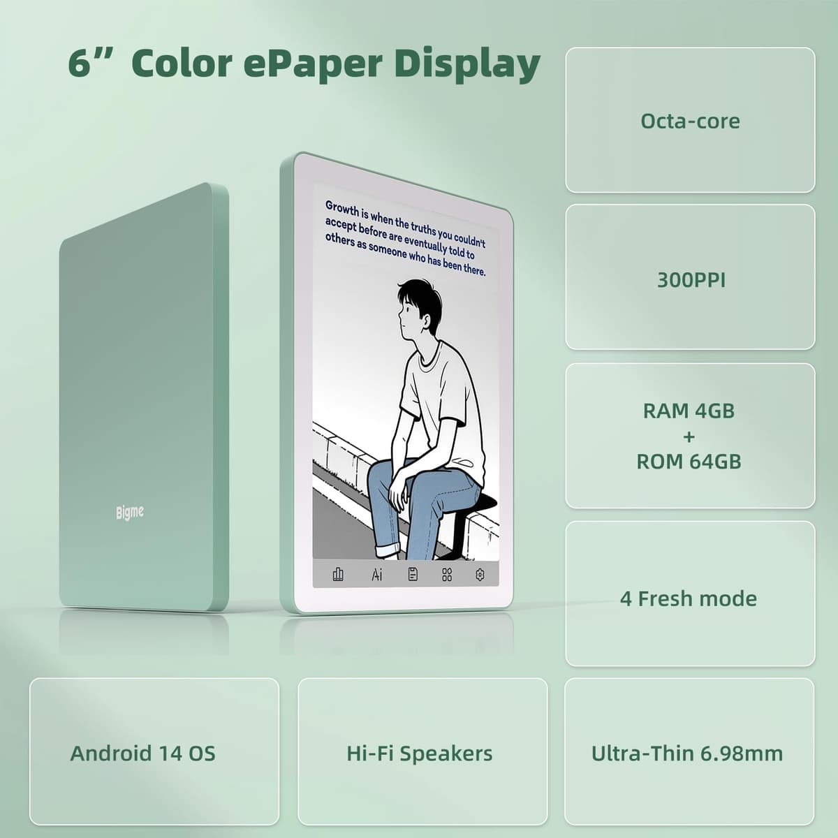 Bigme B6 - Tablet de 6 pulgadas con pantalla a color, lector electrónico con Android 14, 4 GB de RAM y 64 GB de memoria, doble función como lector electrónico y tableta (verde) — view 5