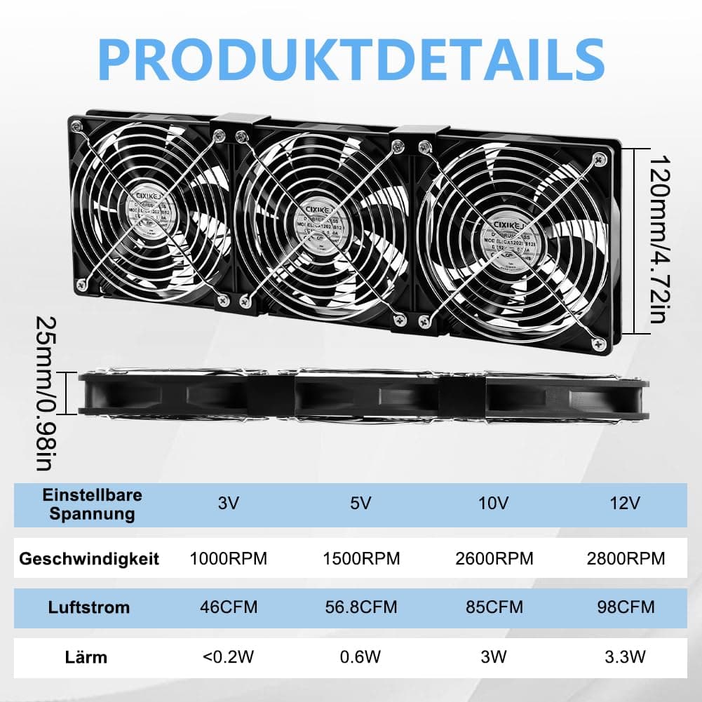 3 ventiladores de 120 mm para PC, 12 V, con enchufe de red y regulador de velocidad continuo para PC, portátil, TV, router, chasis, servidores de gabinet — view 2