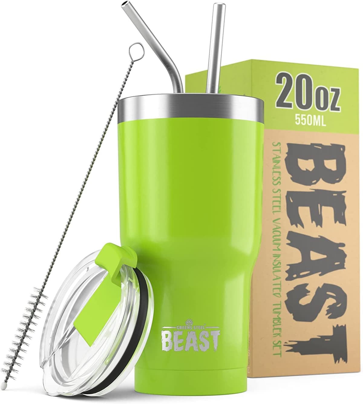 Greens Steel Beast Tumbler – 550 ml (20 oz), Coral | Vaso de acero inoxidable reutilizable con aislamiento al vacío | con 2 pajitas y cepillo de limpieza | Termo de viaje de doble pared — view 88